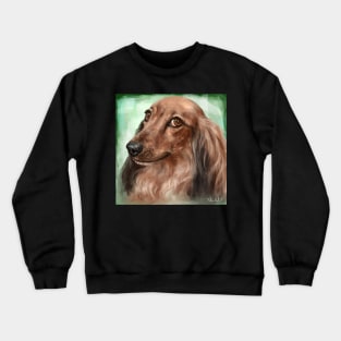 Painting of a Fluffy Dachshund with Brown Coat, on Green Background Crewneck Sweatshirt